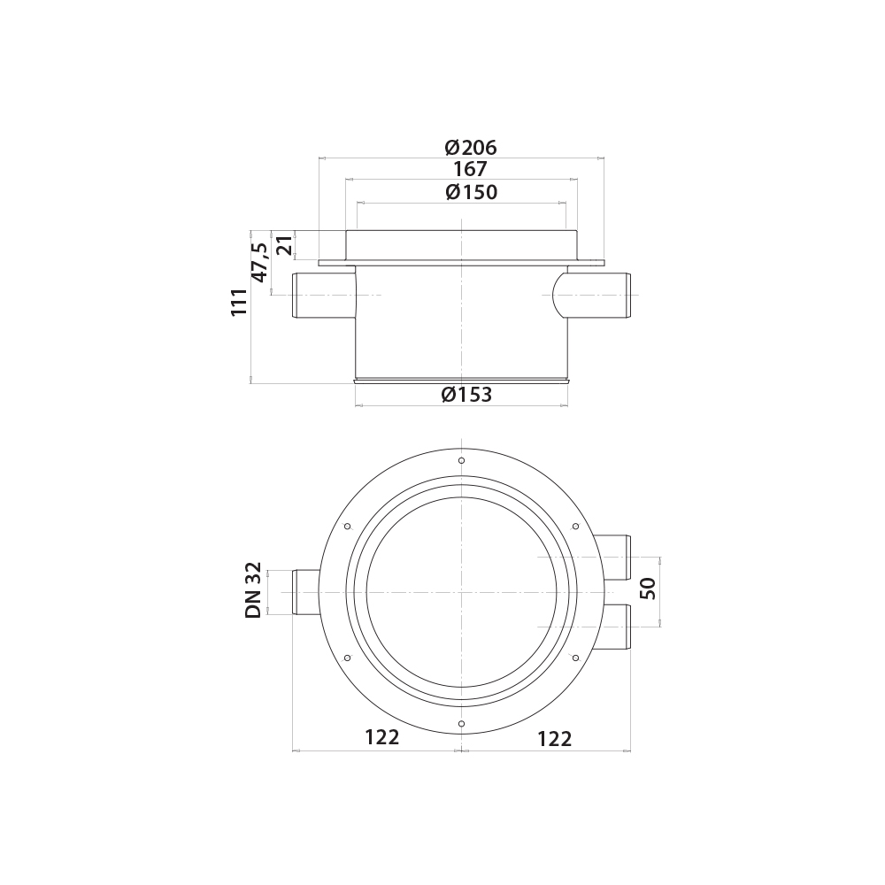 Vieser extension ring with side inlets 3xDN32 Vieser extension ring with side inlets 3xDN32