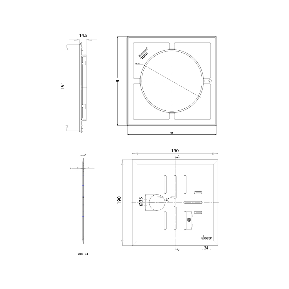 Vieser Classic+ grating with plastic frame 197×197 Ø40 Vieser Classic+ grating with plastic frame 197×197 Ø40