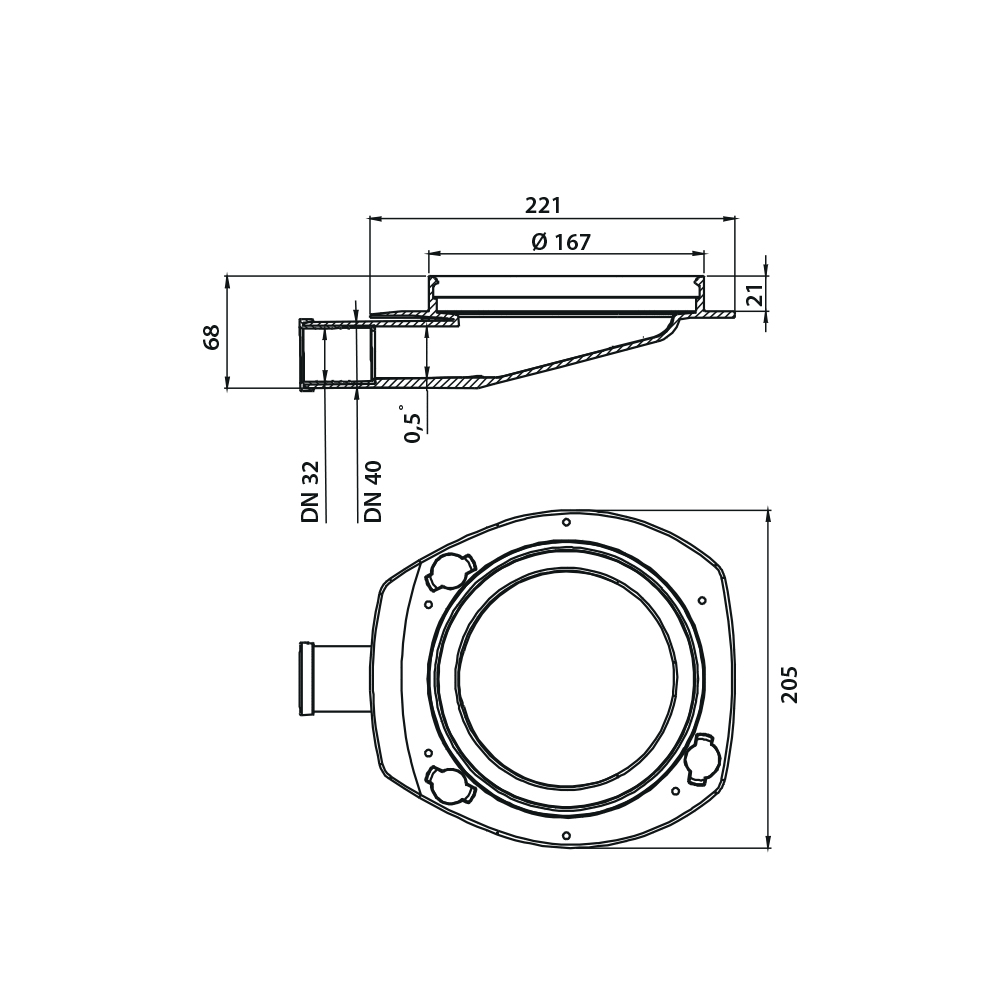 Vieser One untrapped drain DN32/40 with support legs Vieser One untrapped drain DN32/40 with support legs